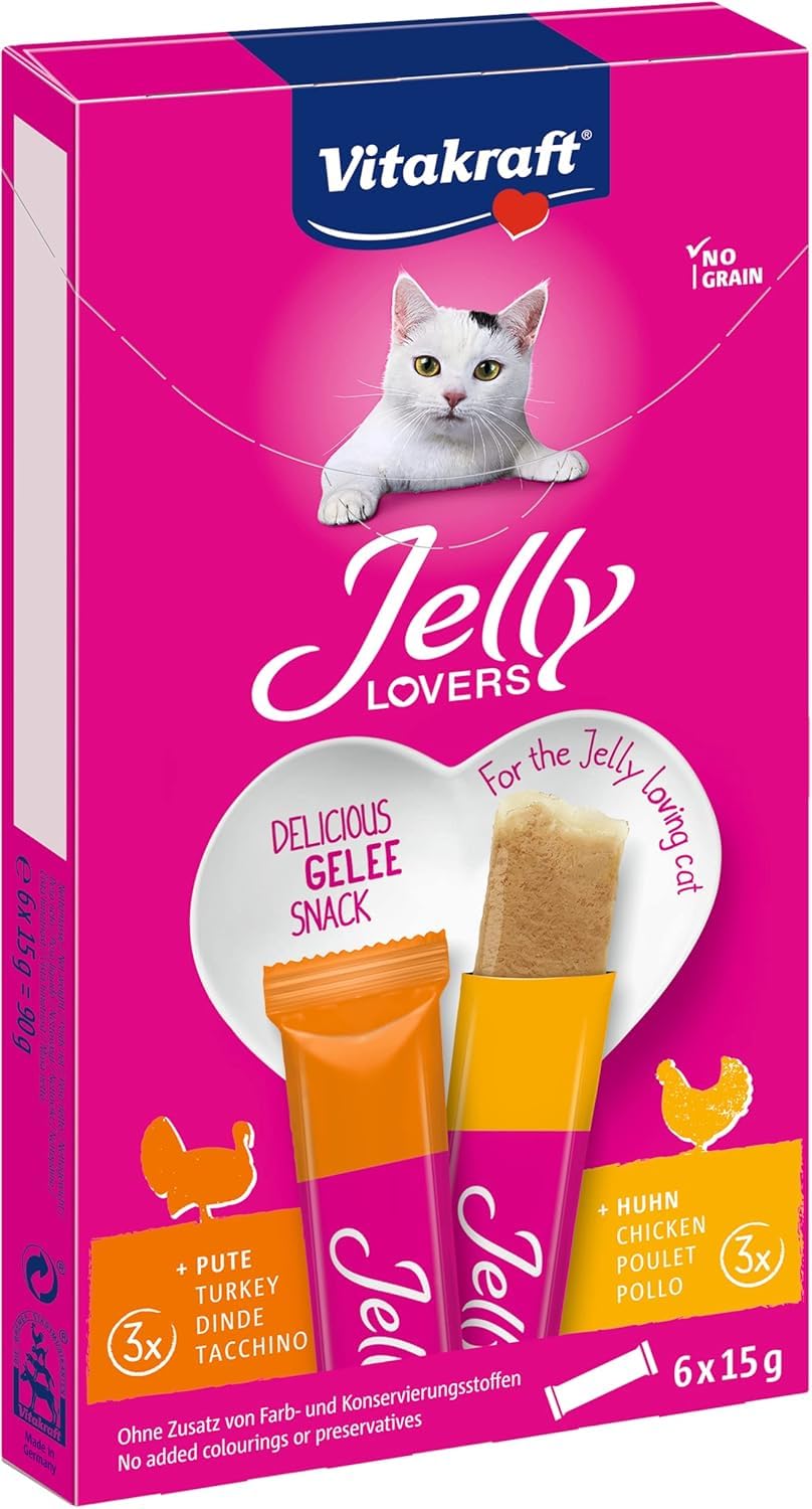 Vitakraft Jelly Lovers, przekąska dla kotów, galaretka do gryzienia, z kurczakiem i indykiem, do rozpieszczania w międzyczasie, bez dodatku cukru i zbóż (1 opakowanie 6 x 15 g)