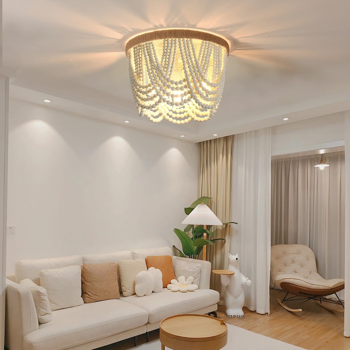 Boho Wood Beaded Chandelier, Flush Mount Ceiling Light,Farmhouse Rustic Jute Wooden Bead Chandeliers Fixture for Drawing Room，Bedroom,Hallway, Entryway,Dining Room(3-Light)