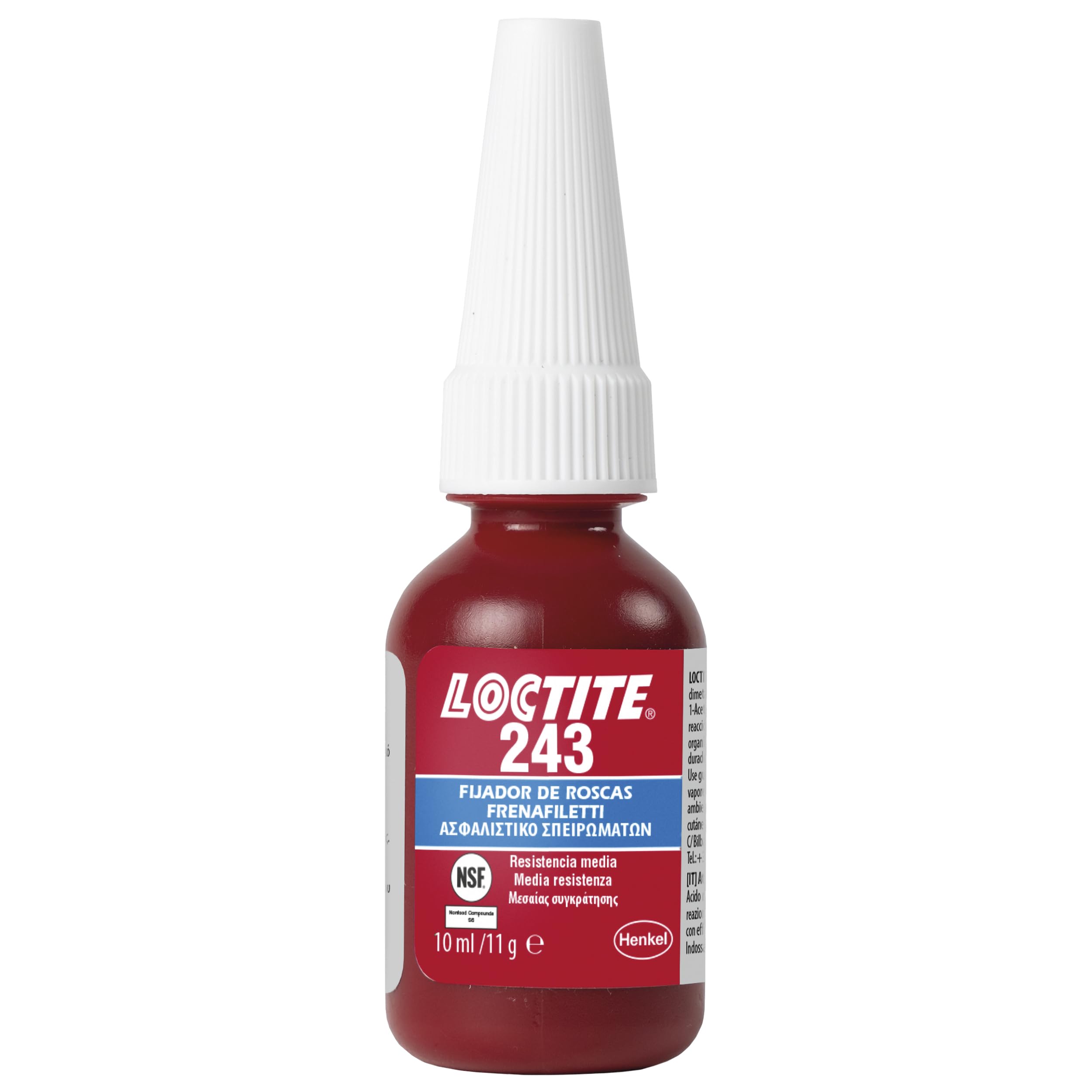 LOCTITE 243, Adhesivo antifricción azul de resistencia media, Frenafiletti para tuercas y pernos, Frenafiletti de resistencia media a impactos y vibraciones, 1 frasco de 10 ml