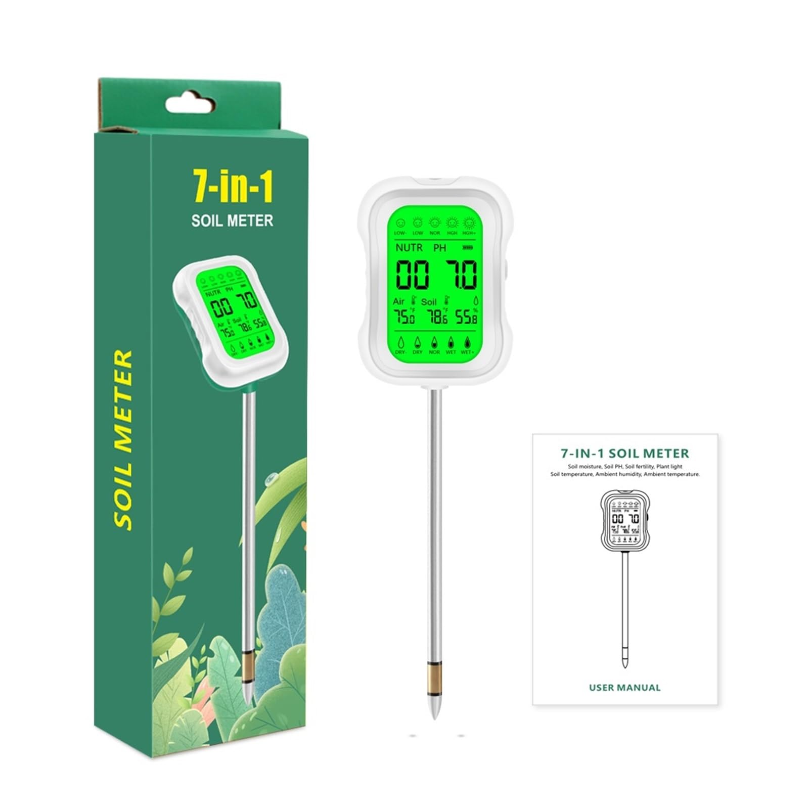 Misuratore digitale del terreno 7 in 1, misuratore di umidità, pH, luce, fertilità, temperatura e for piante da giardino, agricoltura fattoria Giardinaggio, Agricoltura