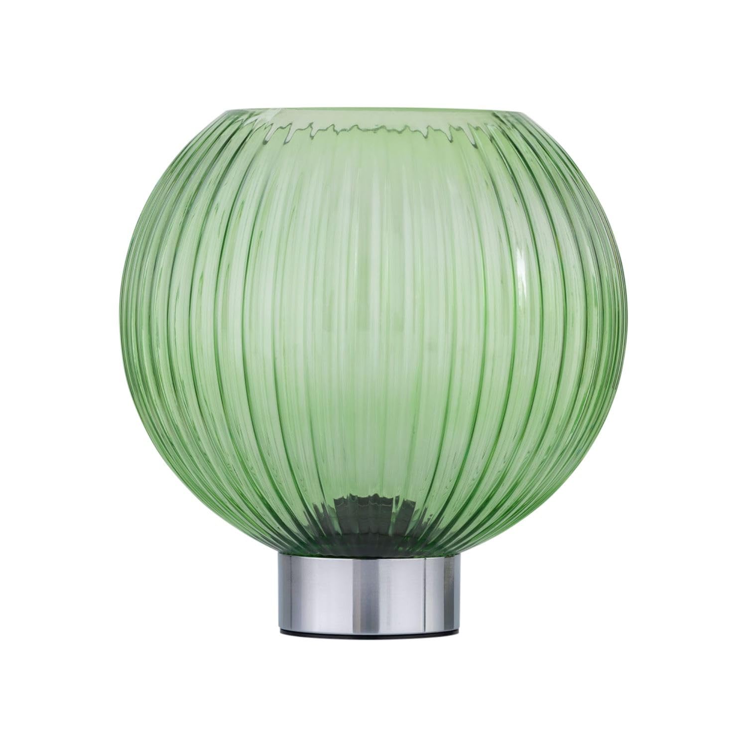 Firstchoicelighting Chrome & Green Battery Operated Table Lamp Or Bedside Light, Chrome With Green Ribbed Glass, 2W S14 Bulb Included, 22Cm Height