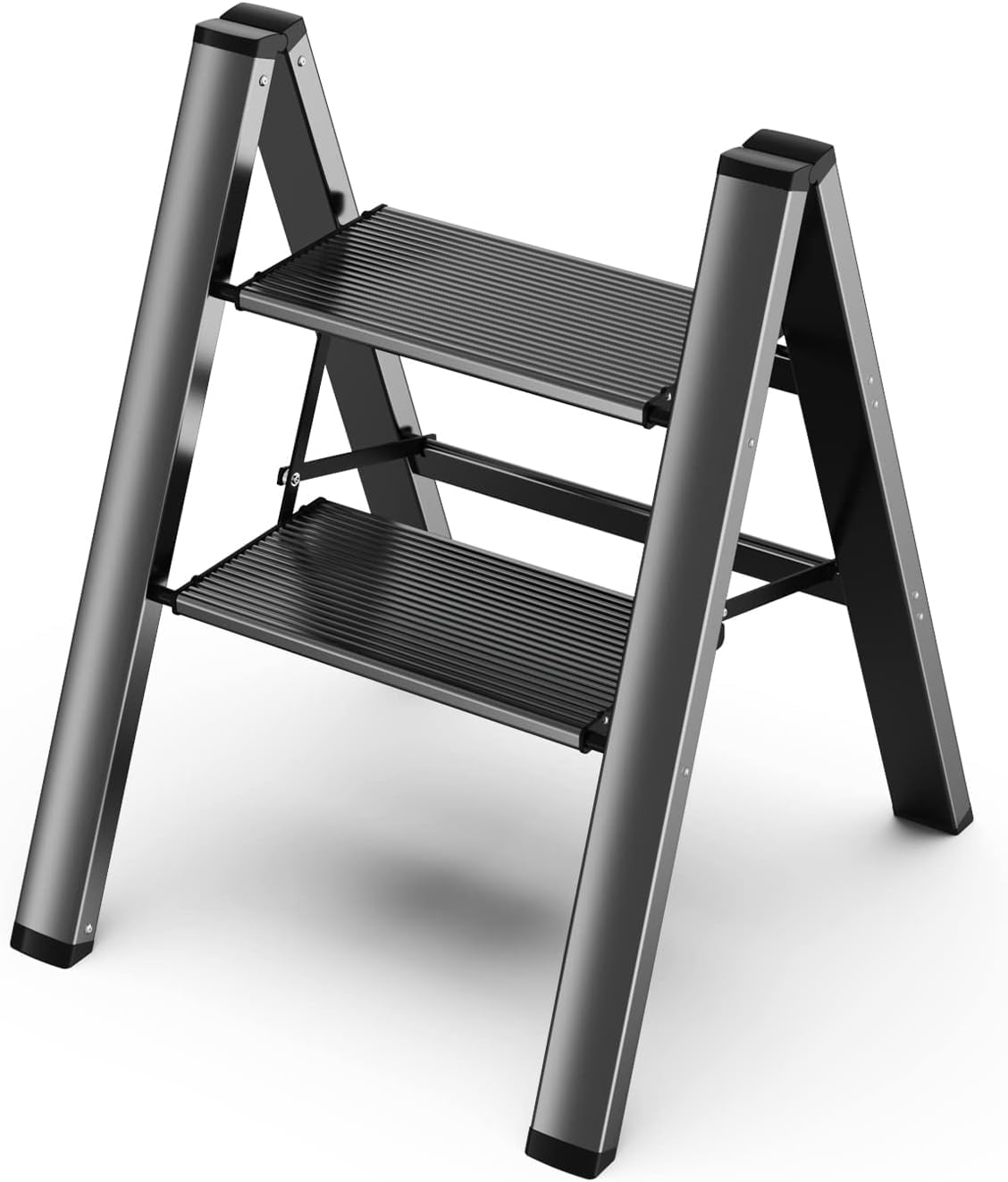 KN MALL 2 Step Ladder, Aluminum Folding 2 Step Stool with Anti-Slip Sturdy and Wide Pedal, Lightweight Portable Stepladder for Home and Kitchen Use Space Saving, Black, 330 lbs-image-2