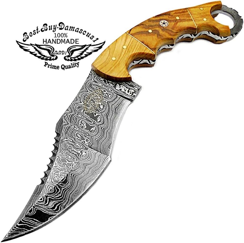Hunting Knife Olive Wood 9.5'' Fixed Blade Handmade knife Damascus Steel karambit Hunting Knife For Use Fishing Hunting Camping Hiking Knife With Real Leather Sheath Best EDC Outdoors & Sports Knife