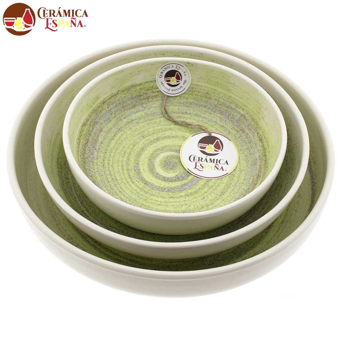 CERÁMICA ESPAÑA | Ceramiczna salaterka | Oryginalne salaterki sałatkowe | Dekoracja Salaterki Piasek Zielony Woda Zestaw x3 - Model M04 | 100% ręcznie robiona dekoracja | 27x27x6 + 22x22x6 + 18x18x5,5 cm