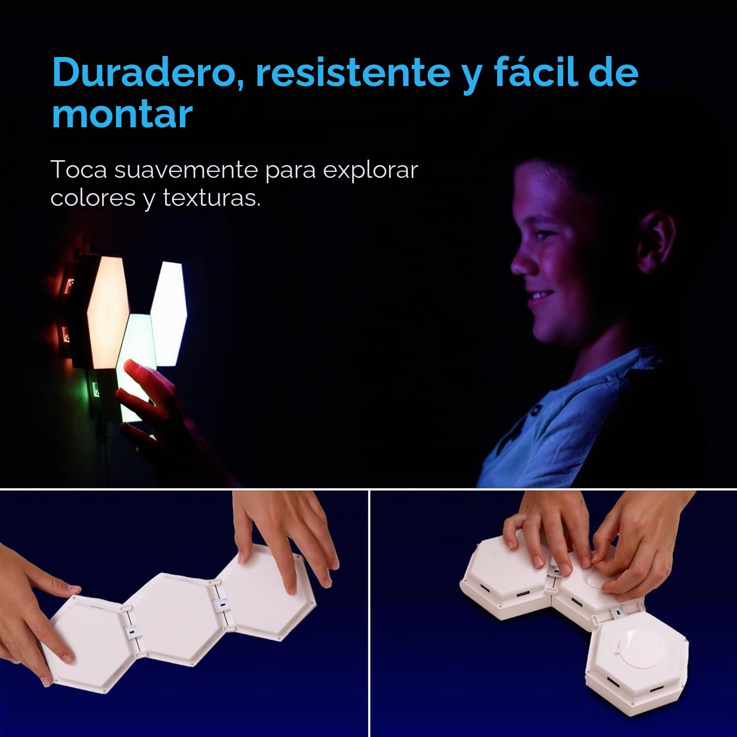 Emberela HEXlights - Luces sensoriales para niños, 3 unidades hexagonales táctiles, azulejos de luz controlados a distancia, luces de pared