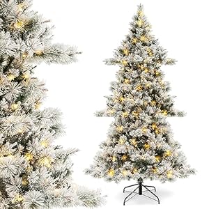 Goplus 7 FT Pre Lit Snow Flocked Christmas Tree Artificial Hinged Xmas Tree with 1057 PVC Pine Needles Branch Tips 420 Warm White LED Lights 62 Snowy Pine Cones Holiday Decor for Office Home