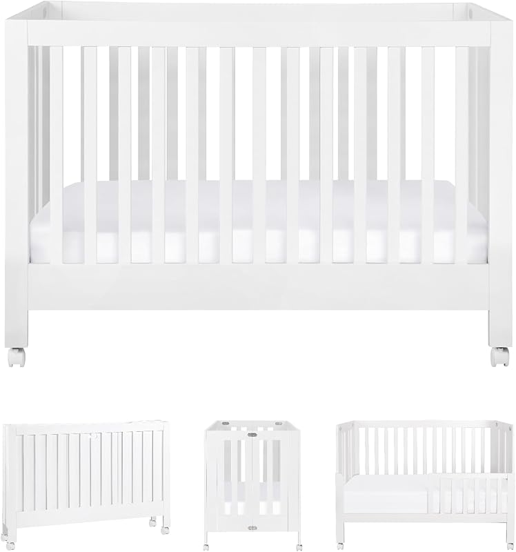 Babyletto Maki 2-in-1 Baby Crib Convertible to Toddler Bed - GREENGUARD Gold Certified Portable Folding Wood Crib w/ Toddler Conversion Kit - 4 Adjustable Heights, Easy to Assemble - White