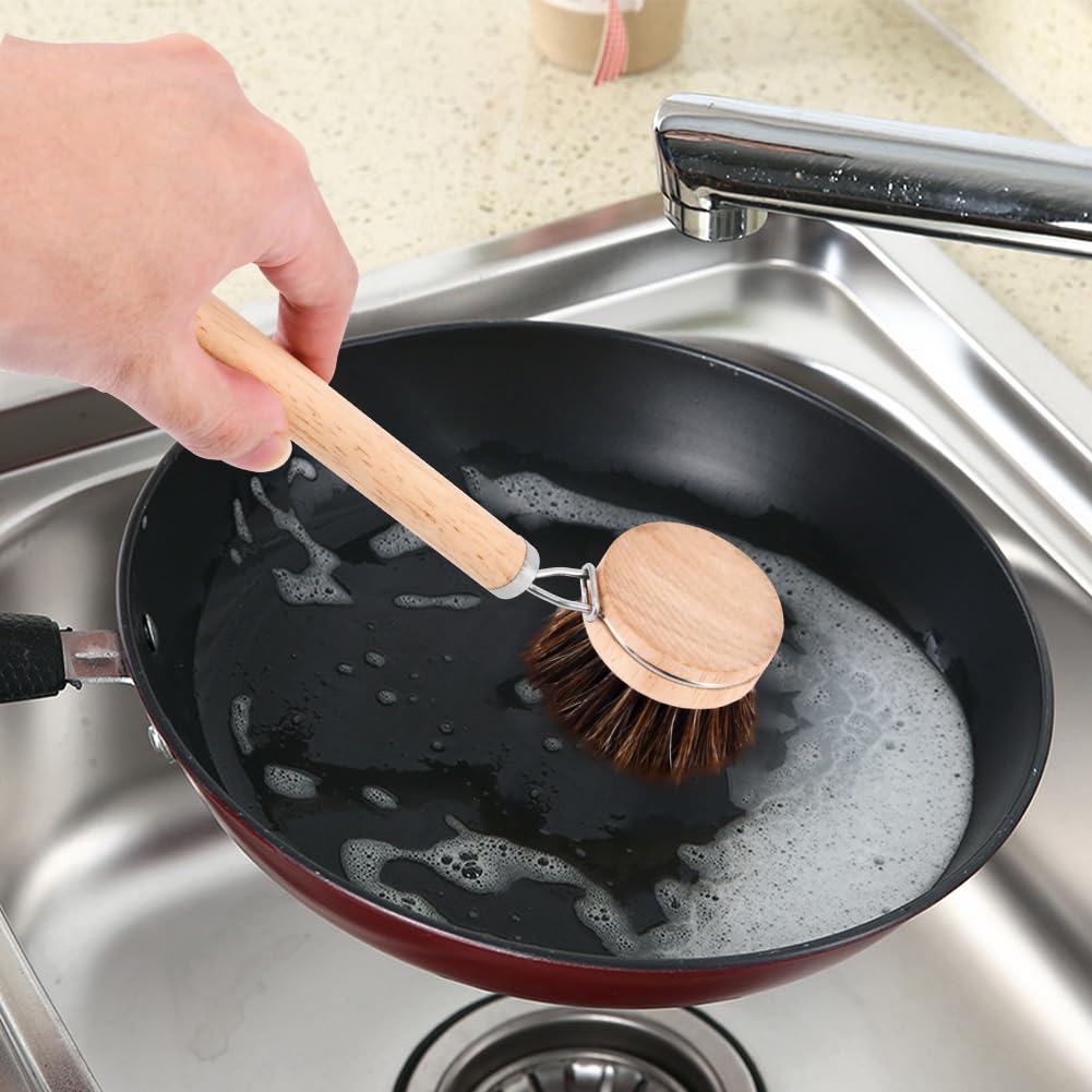 Juego de cepillos de bambú para platos, 1 mango de madera con 3 cabezales de cerdas naturales, cepillo multiusos de cocina con sisal y crin de caballo de palma para limpiar platos, sartenes y verduras