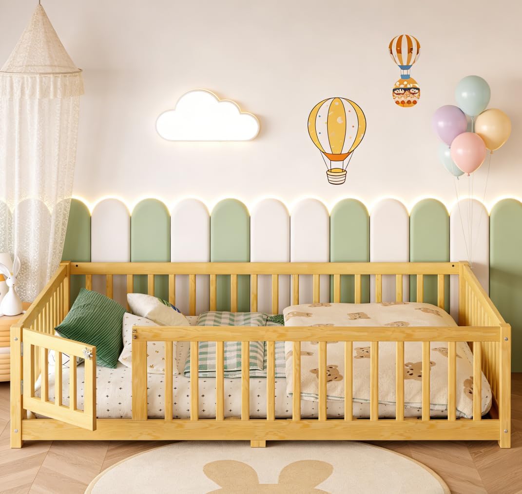 Bellemave Full Size Montessori Floor Bed with Rails, Pine,Montessori Floor Bedwith slats and a Small Door, Natural