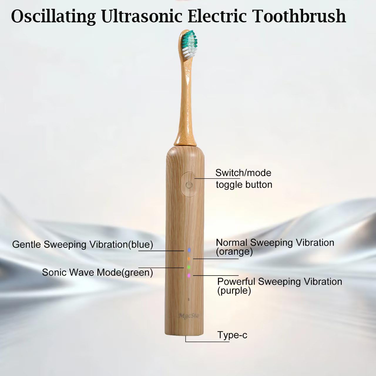 Oszillierende Ultraschall-Zahnbürste mit Bambus-Bürstenköpfen (5er-Pack), Kehr- und Vibrierend, Typ-C wiederaufladbar, IPX7 wasserdicht, 4 Modi für optimale Mundpflege – perfektes