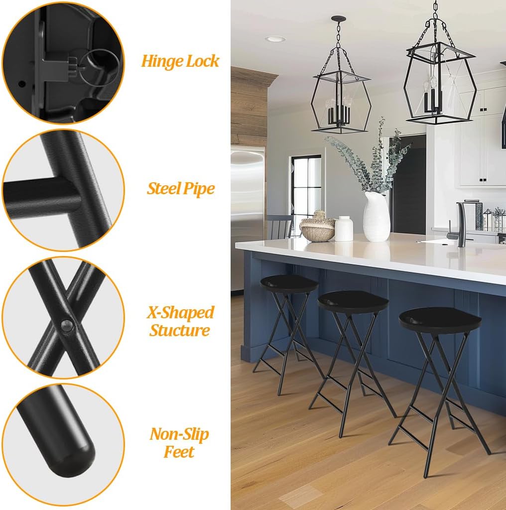 Folding Stool - 2 Pack, 24-Inch Tall, Heavy Duty Round Foldable Bar Stool with Handle, 550lbs Capacity, for Adults, Kitchen, Vanity, Dorm, Church, Outdoor, Black