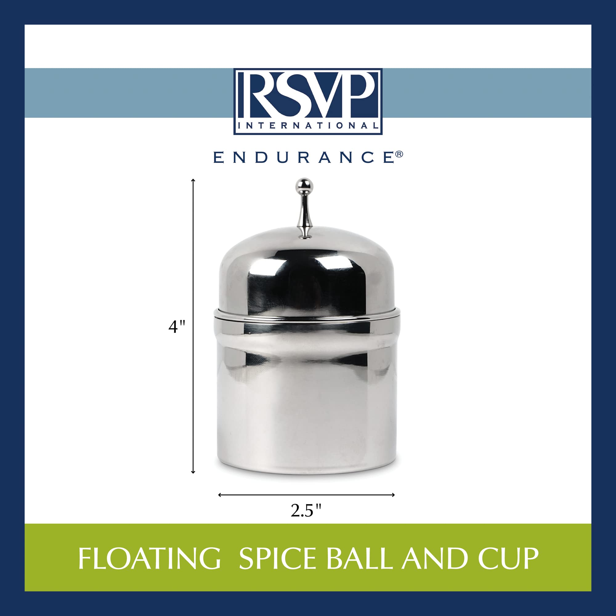 RSVP International Endurance Kitchen Collection Infusor flotante de especias de malla de acero inoxidable para sopas, guisos o tetera grande, bola, 2-1/2 x 2-1/2 x 4 pulgadas; capacidad de 1/2 taza