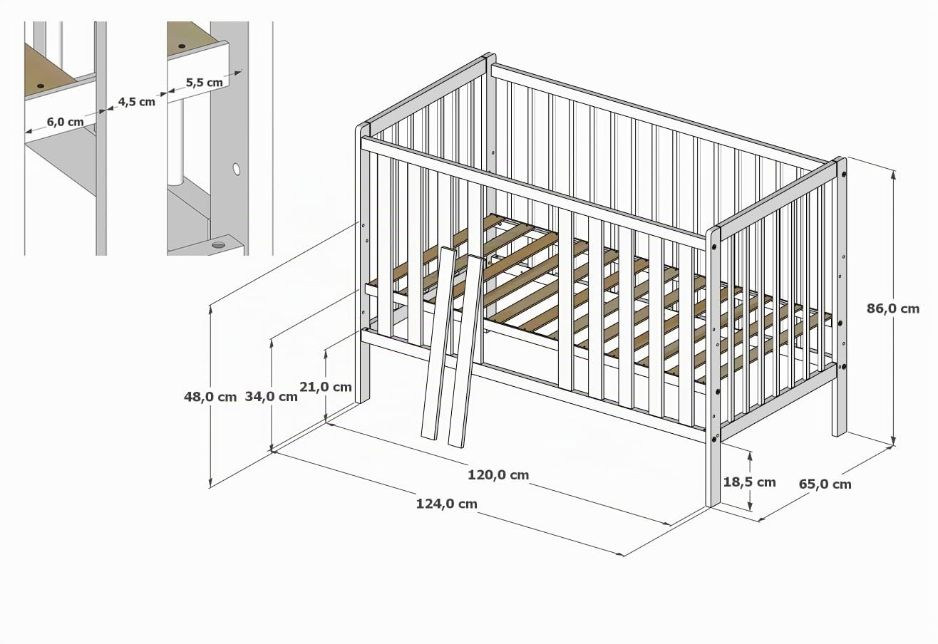 zee Bambi Cuna Bebé 120x60 cm Blanco Set con Cajón Y Barrera + Cómoda Cambiador Mueble Habitación Bebé Convertible En Cama Junior Cuna De Madera Resistente