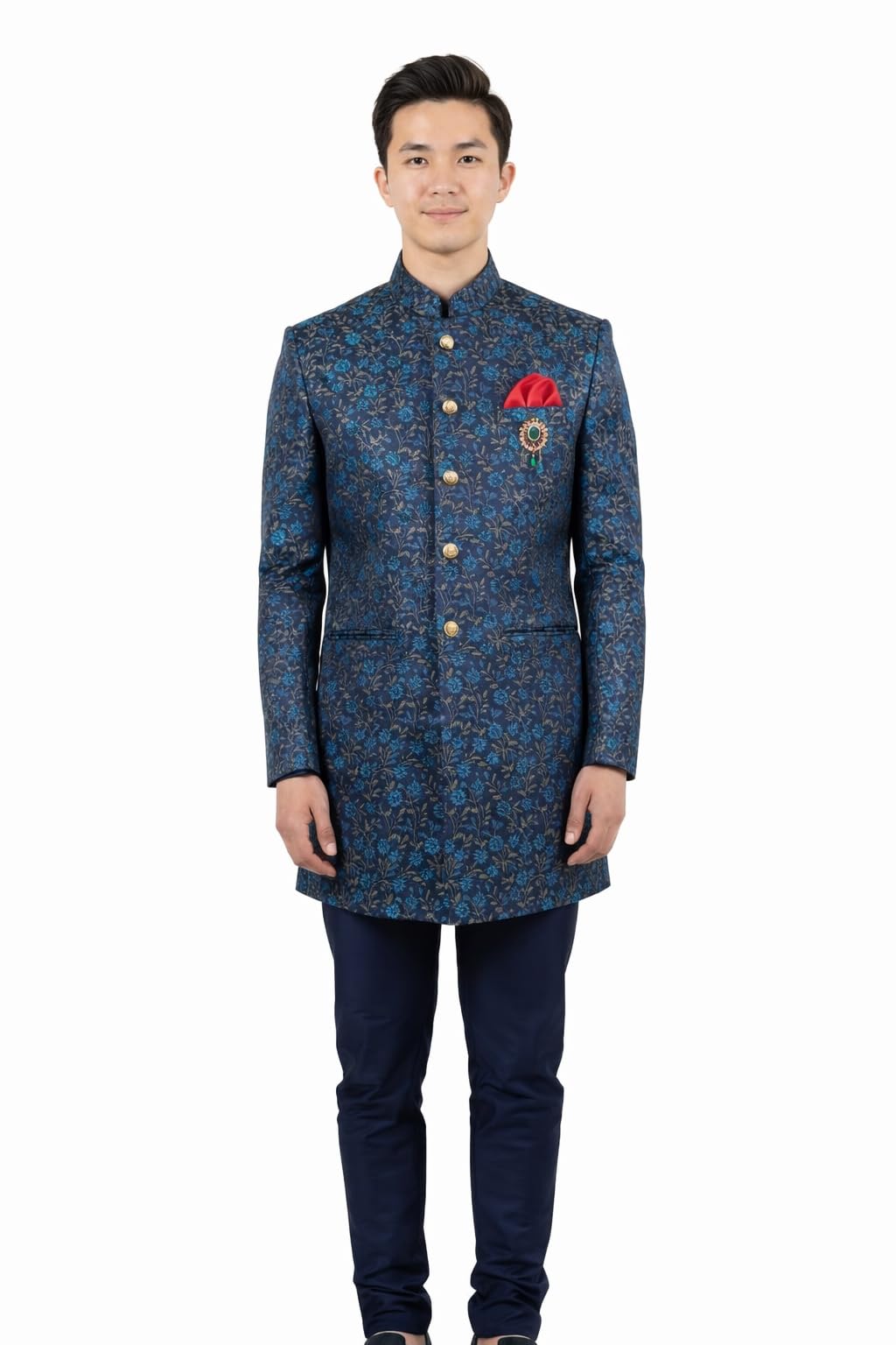 Men's Green Embroidered Indowestern Sherwani with Gold Pattern, Traditional Wedding Outfit-image-45