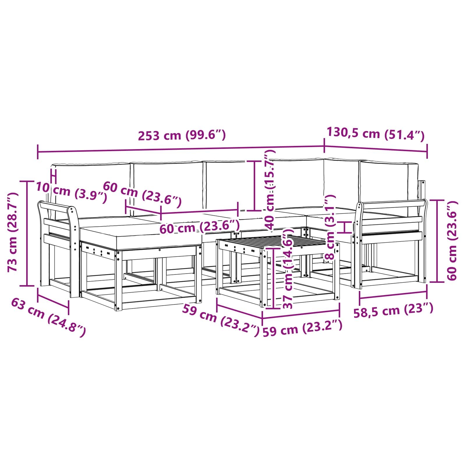 Outdoor-Sofagarnitur 7-teilig Weiß Creme aus massivem Akazienholz, Gartenset mit Tisch, Hocker, Sofas und Kissen, wetterbeständig, modular für Terrasse und Garten