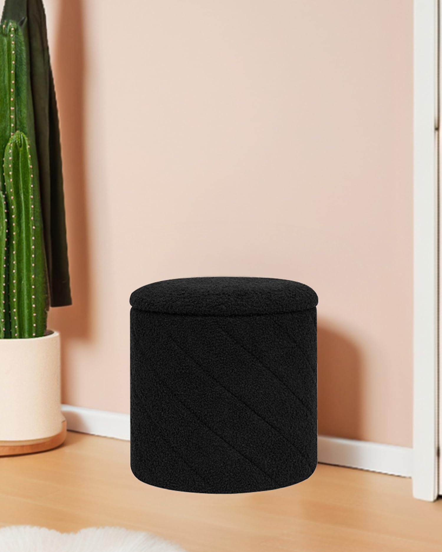Bonlife Taburete Redondo otomano con Espacio de Almacenamiento, Taburete Plegable con Tapa, Taburete para salón, Dormitorio, Entrada, Color Negro, 33 x 33 x 35 cm