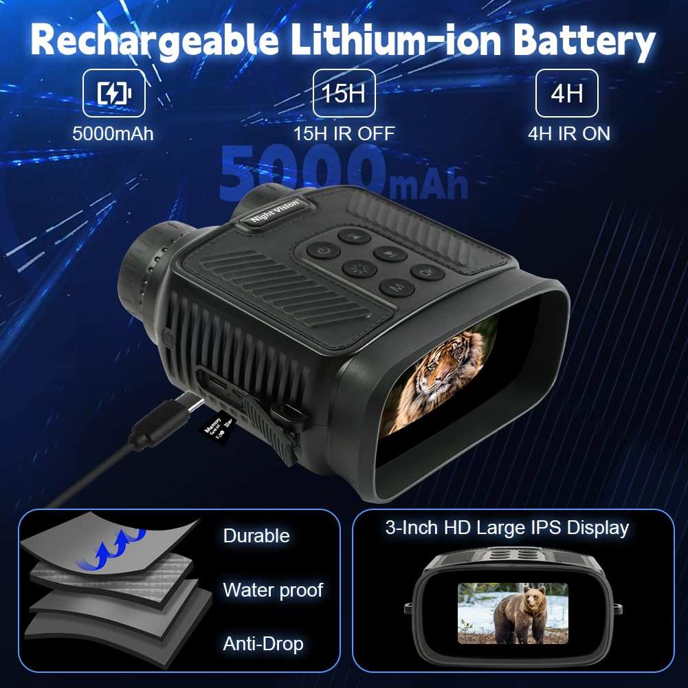 Vicloon Jumelles Vision Nocturne, 4K HD Jumelle Vision Nocturne Infrarouge avec Carte 32Go, écran UHD de 3"/Portée Visuelle 300M/ 5000mAh Batterie Rechargeable/Zoom Numérique 8X, pour Chasse/Camping
