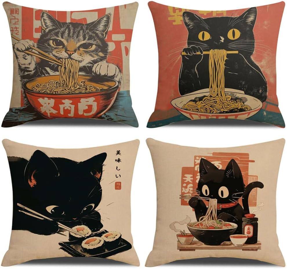 Vintage Japanese Cat Pillow Cover Funny Cat Sushi Ramen Noodle Throw Pillow Covers Black Cats Pillow Cases Animal Kitty Pillowcase Cotton Linen Cushion Cover for Couch Sofa Bed 18x18 Set of 4