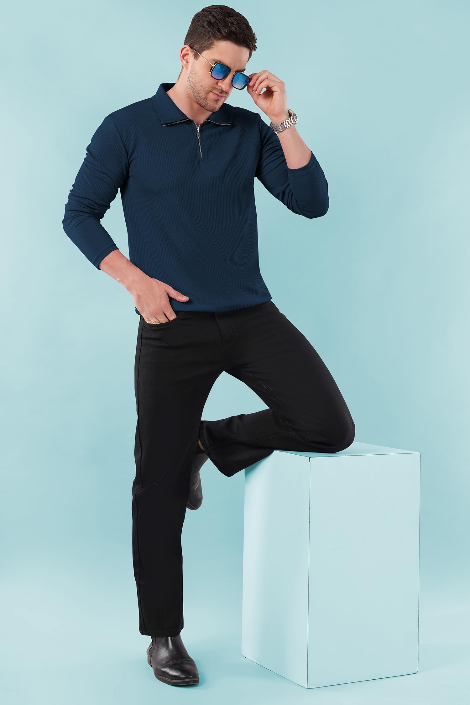 KAJARU Men's Quarter Zip Pullover T-Shirt, Cable Knit Pattern, Full Sleeve (in, Alpha, L, Airforce) - Image 9 thumbnail