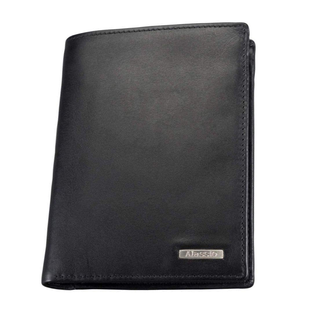 ALASSIOKombi Geldbörse im Hochformat, aus echtem Leder, mit Metallemblem und innen Carbonoptik Coin Pouch, 13 cm, Black (Schwarz)