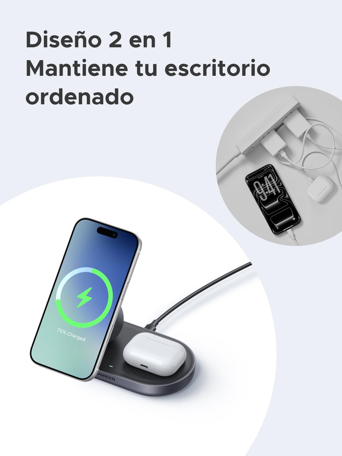 UGREEN Zapix Cargador Inalámbrico iPhone Magsafe Certificación Qi2 15W Compatible con iPhone 17 16 15 14 13 12 Pro MAX Air Plus AirPods, 2 en 1 Base de Carga sem Fios Magnética (Negro)