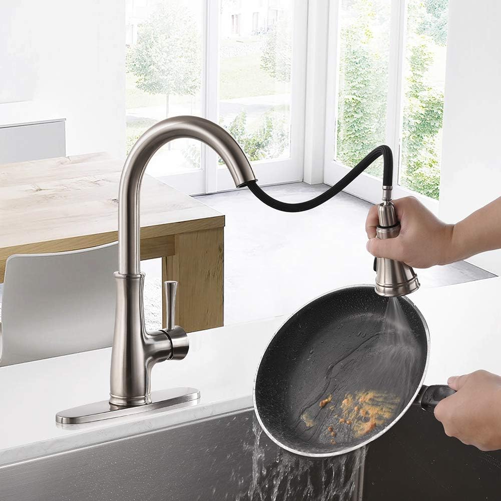 Sprayer Morden Handle Brushed Nickel Bathroom, Single Level High Arch Pull Out Stainless Steel Kitchen Sink Faucets with Deck Plate, Chrome