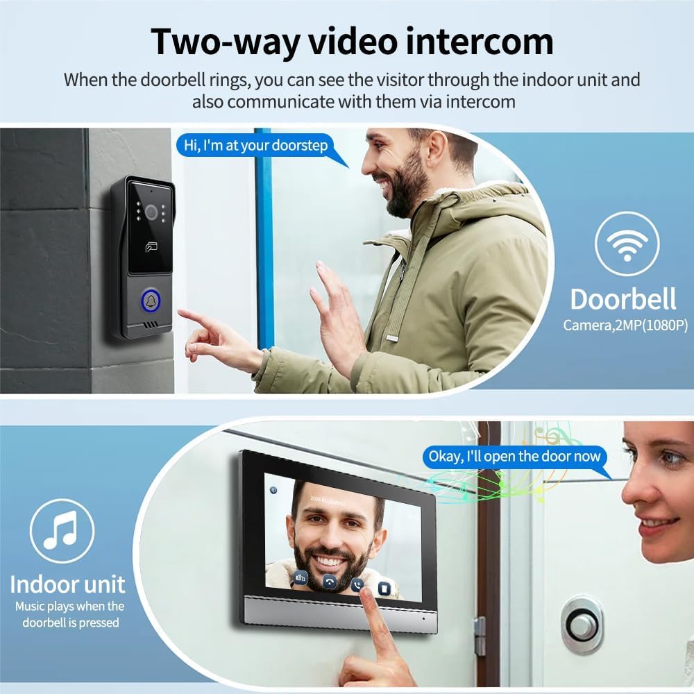 4-Draht-Video-Türsprechanlage für Einfamilienhäuser, Video-Türklingelkamera mit 7-Zoll-WLAN-Monitor, Zwei-Wege-Audio, einfache Installation, Nachtsichtgerät (1 Klingel + 3 Monitor schwarz)