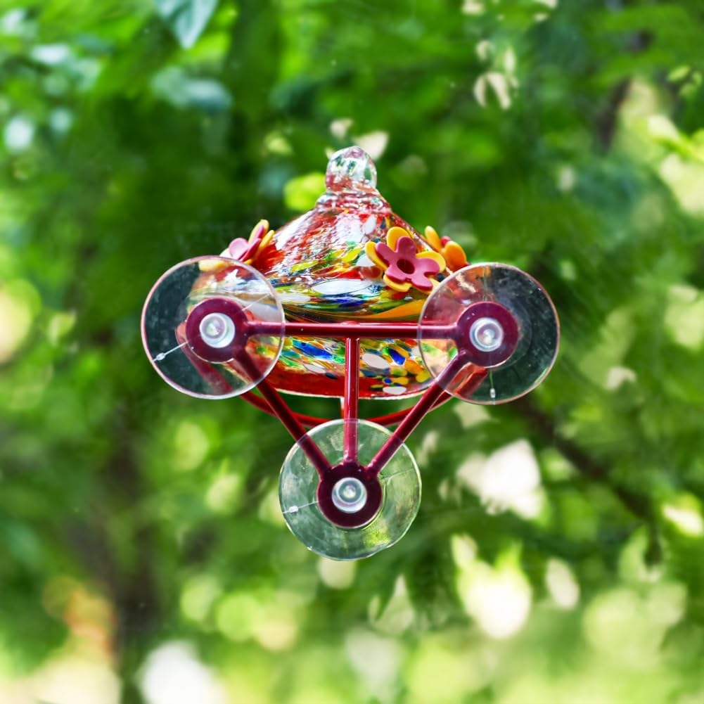 Window Hummingbird Feeder - Hand Blown Glass Mounted Hummingbird Feeder with Strong Suction Cups for Outdoor Window Mount (Red) - Image 5