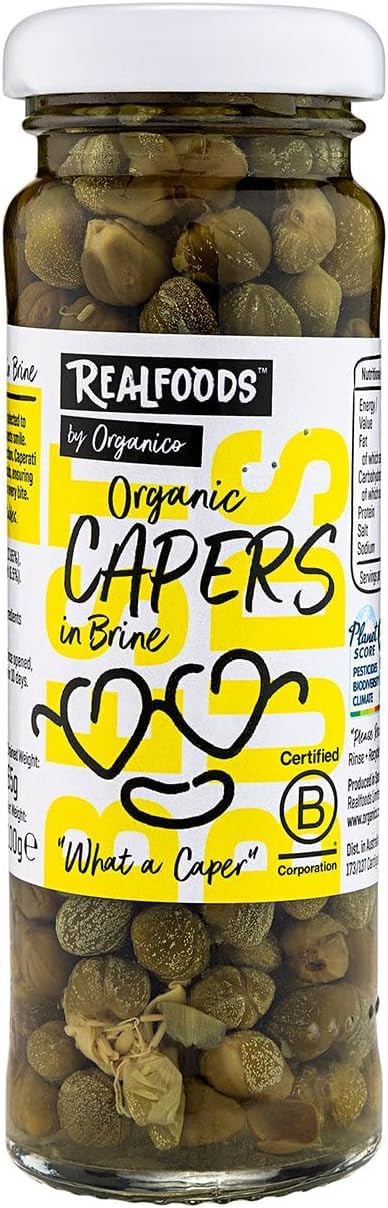 Realfoods by Organico|Organic Capers in Brine – Handpicked Mediterranean Gourmet Condiment for Pasta, Salads, Seafood, Pizza, Bruschetta & Cooking | 100g (Pack of 1)
