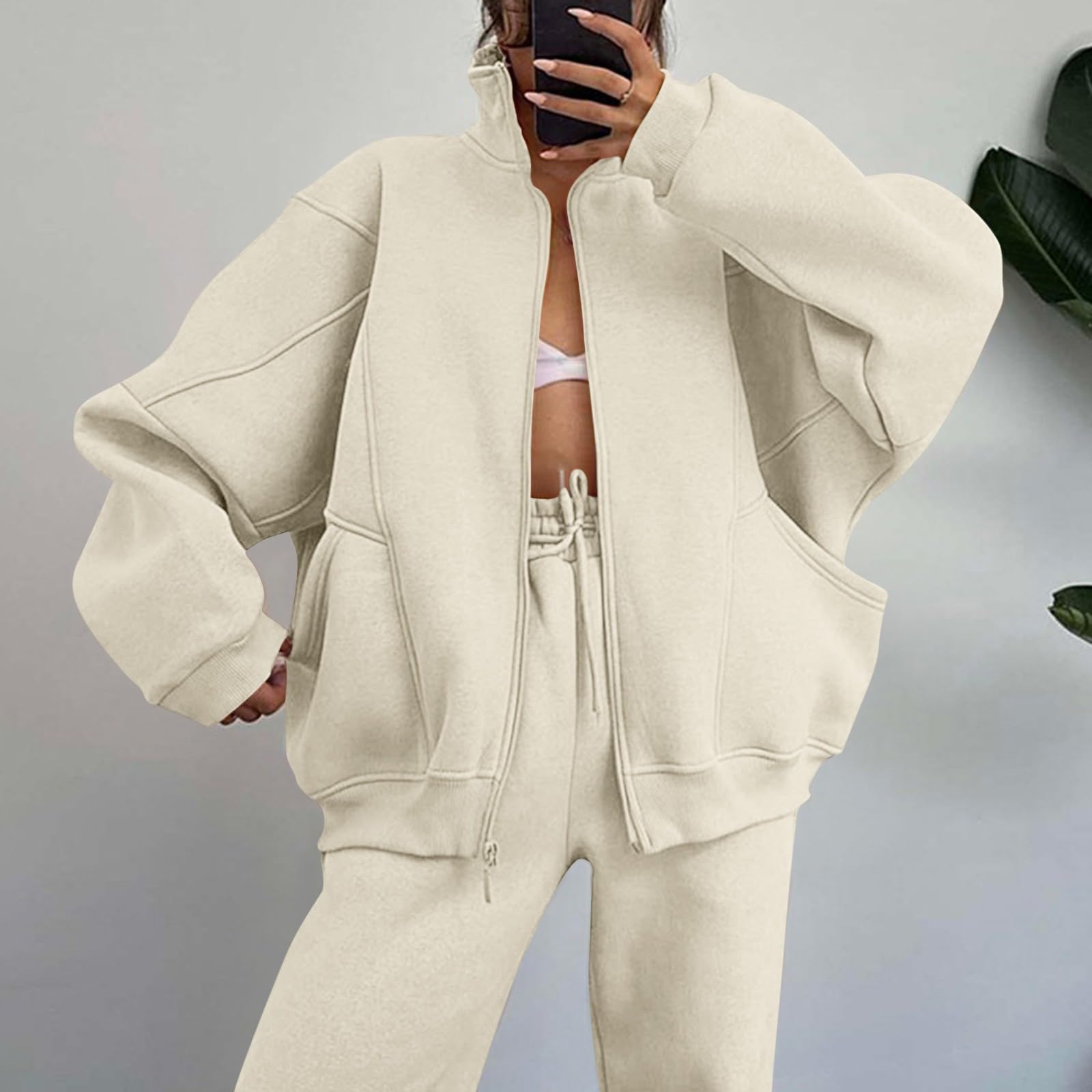 Conjuntos Elegantes Mujer, Chandals Mujer Bonitos, Tops y Pantalones Oversize Ropa de Salón Básico 2 Piezas Día Festivo Manga Larga Cremallera Sin Colar
