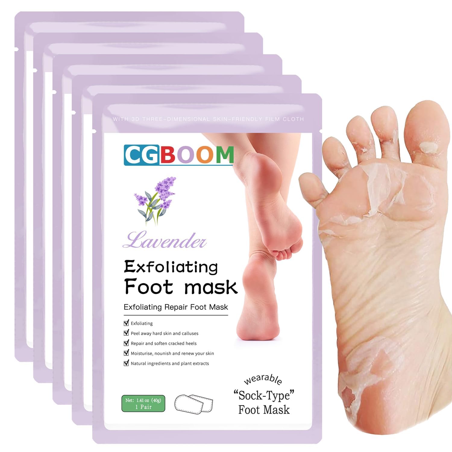 5 Paires Masque Peeling pour les Pieds -Masque Pieds Exfoliant et Nourrissant pour Callosités, Crevasses et Pieds Secs -Pieds Doux pour Bébé, Pas de Mal - pour Femmes & Hommes (Lavande)