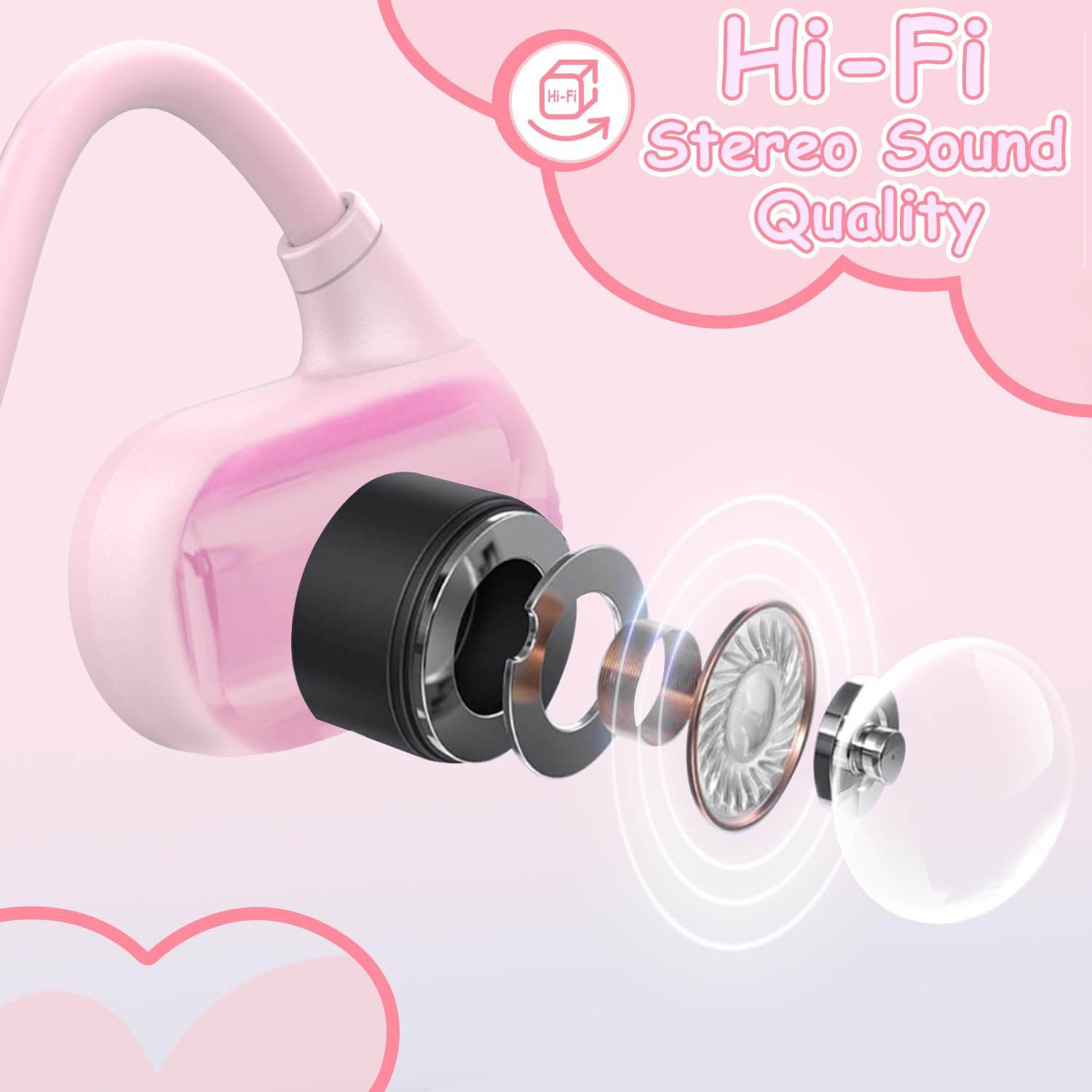 Golvery Open Ear Kids Headphones, Wireless Bluetooth 5.3 Headset for Phone/Kindle/Tablet, Safer Hearing Protection Children Earphones, Built-in Mic, Ultra-Light & Comfort Fit, 10H Playtime-Pink - Image 6