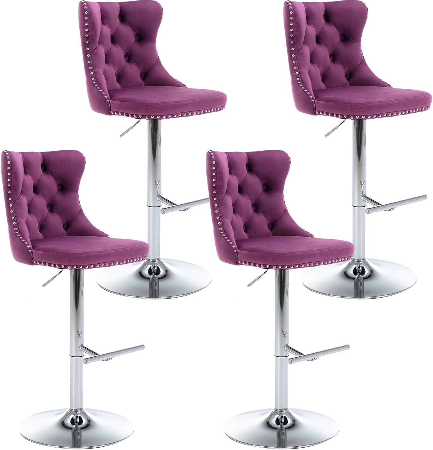 Modern Bar Stools Set of 4, Adjustable Height 25–33", Tufted Swivel Counter Height Chairs with Nailhead Trim, 360° Swivel, Velvet Barstools for Kitchen Island, Home Bar, Pub (Purple, Silver Base)
