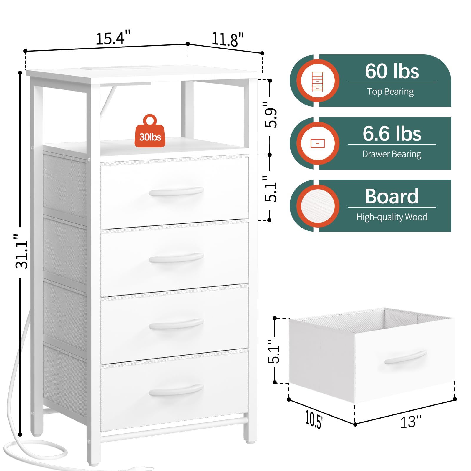 Yoobure Dresser with 4 Storage Drawers and Charging Station, Small Dresser for Bedroom, Tall Dressers & Chests of Drawers, Fabric Side Table for Closet, Nightstand Bedside Tables, White