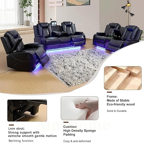 Miniatura 3 de Juego de sofá reclinable multifunción de cuero Power Air con luces LED, muebles de sala de estar, sofá reclinable, sofá biplaza, silla con puerto