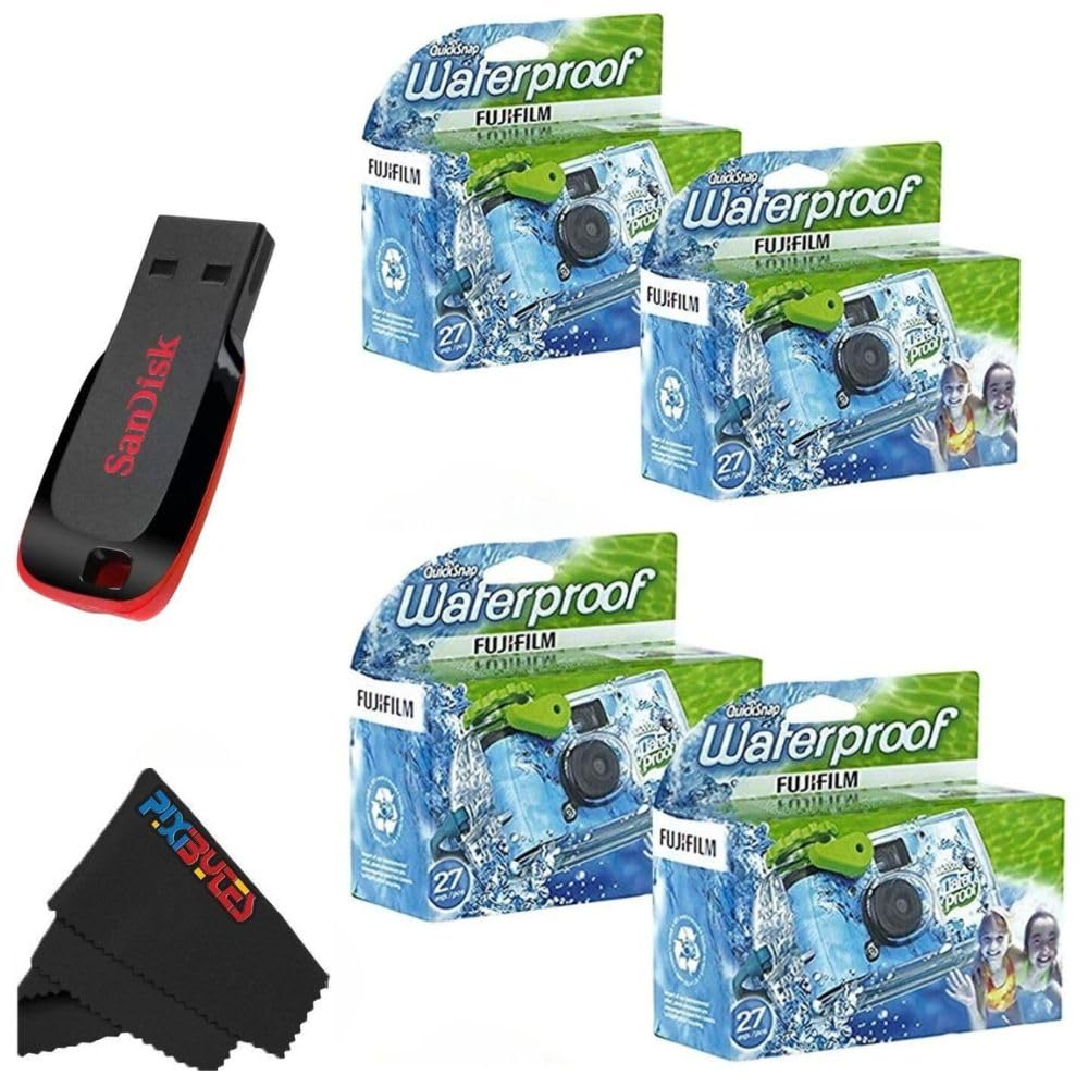 Fujifilm QuickSnap Waterproof 35mm Single Use Camera with Sandisk 32 GB USB Flash Drive and PixiBytes Microfiber Cleaning Cloth... (4 Camera + USB)