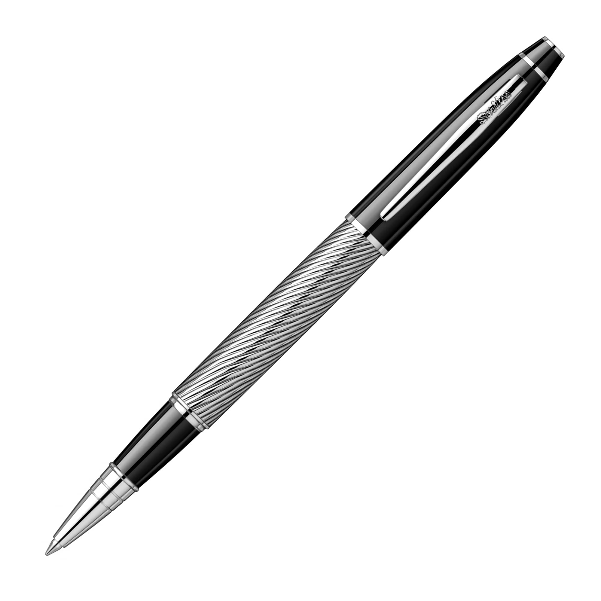 Scrikss Długopis kulkowy, czarny, chromowany, spiralny, mosiężny korpus, chromowane wykończenia, seria 35C, nowoczesny i elegancki, idealny na prezent w biurze domu