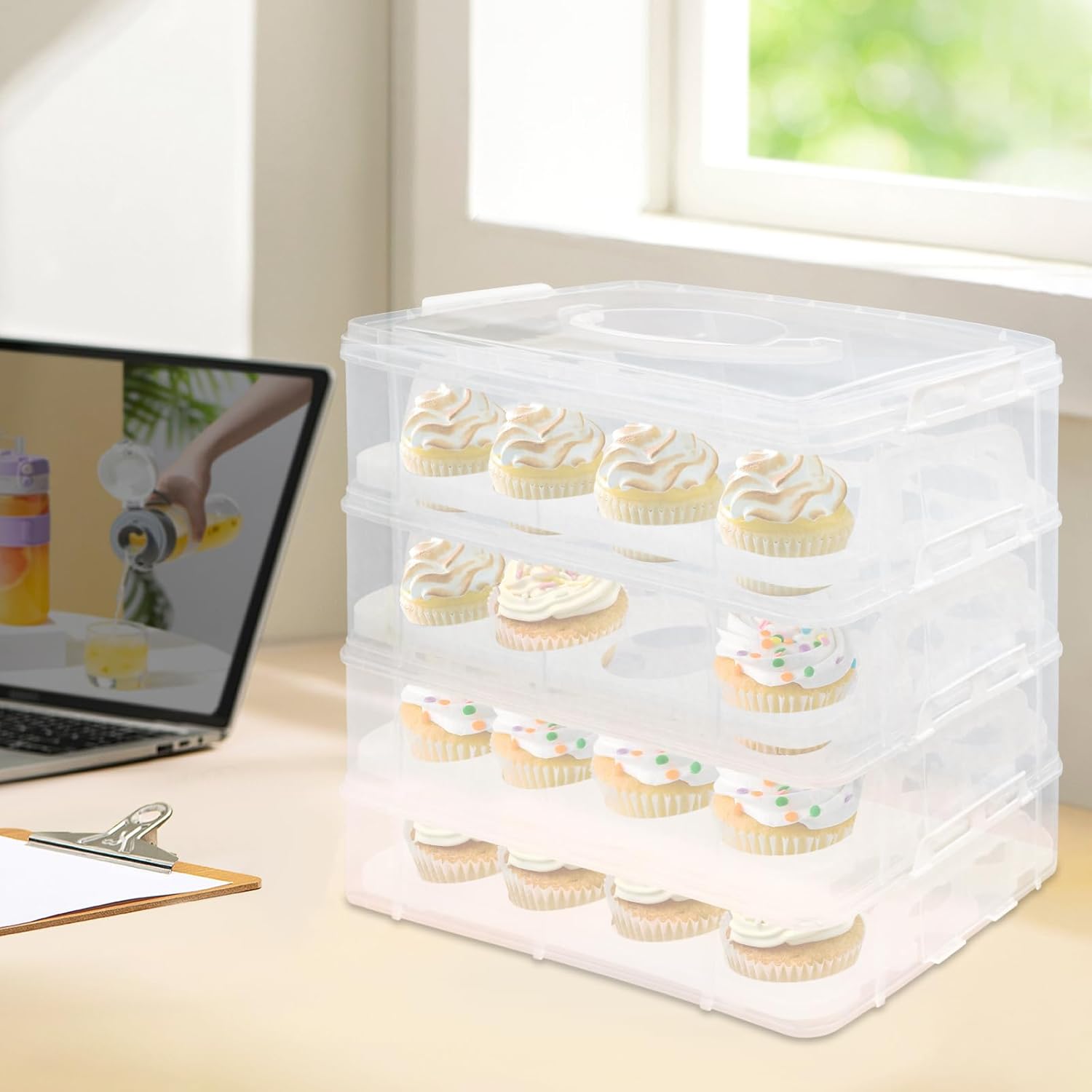 4-Tier Cupcake Carrier, Stackable Storage Container with Transparent Lid & Handle - Holds 48 Cupcakes or Muffins for Parties, Baking, Picnics | Use 1,2,3 or 4 Tiers (White)