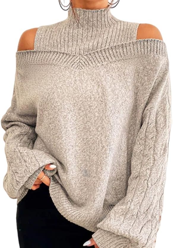 ZOCAVIA Women's Turtleneck Cold Shoulder Sweaters Long Puff Sleeve Sweaters Cable Knit Pearl Loose Pullover Jumper Tops