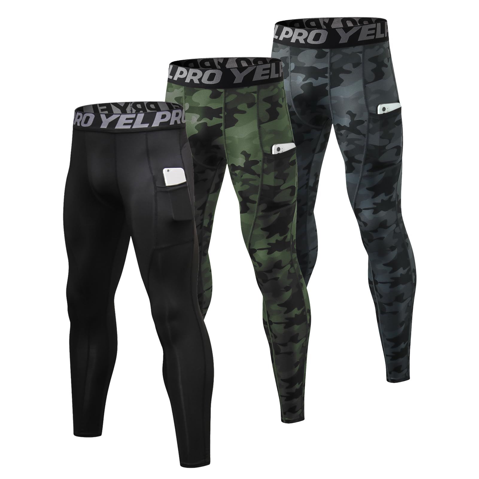 3 Pezzi Leggings Sportivi Uomo Pantaloni a Compressione Running Asciugatura Rapida Calzamaglia Baselayer con Tasche