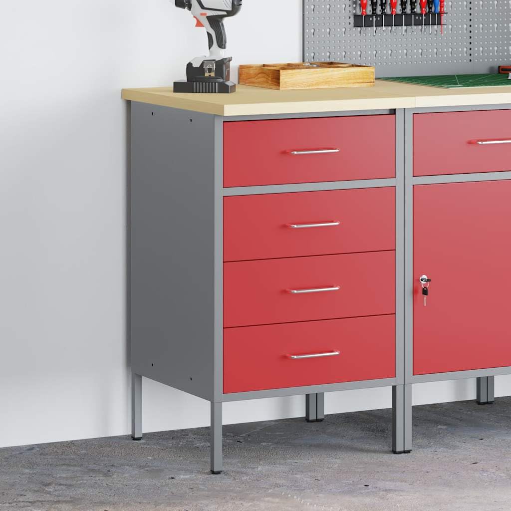 Banco de trabajo de ingenieros de madera y acero, 50 x 55 x 85 cm, con 4 cajones, diseño estable para taller, garaje y sala de hobby, superficie de metal resistente y tablero DM en color rojo