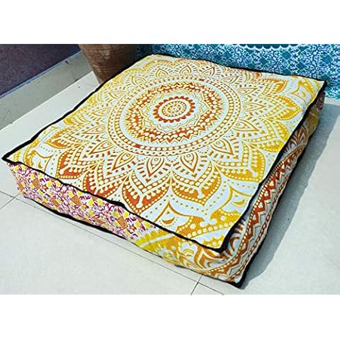Indian Craft Castle 24" Yellow Ombre Mandala Barmeri Large Floor Pillow Cover Cushion Meditation Seating Ottoman Throw Cover Hippie Decorative Zipped Bohemian Pouf Ottoman Pom Pom Cases 24" Square Cover