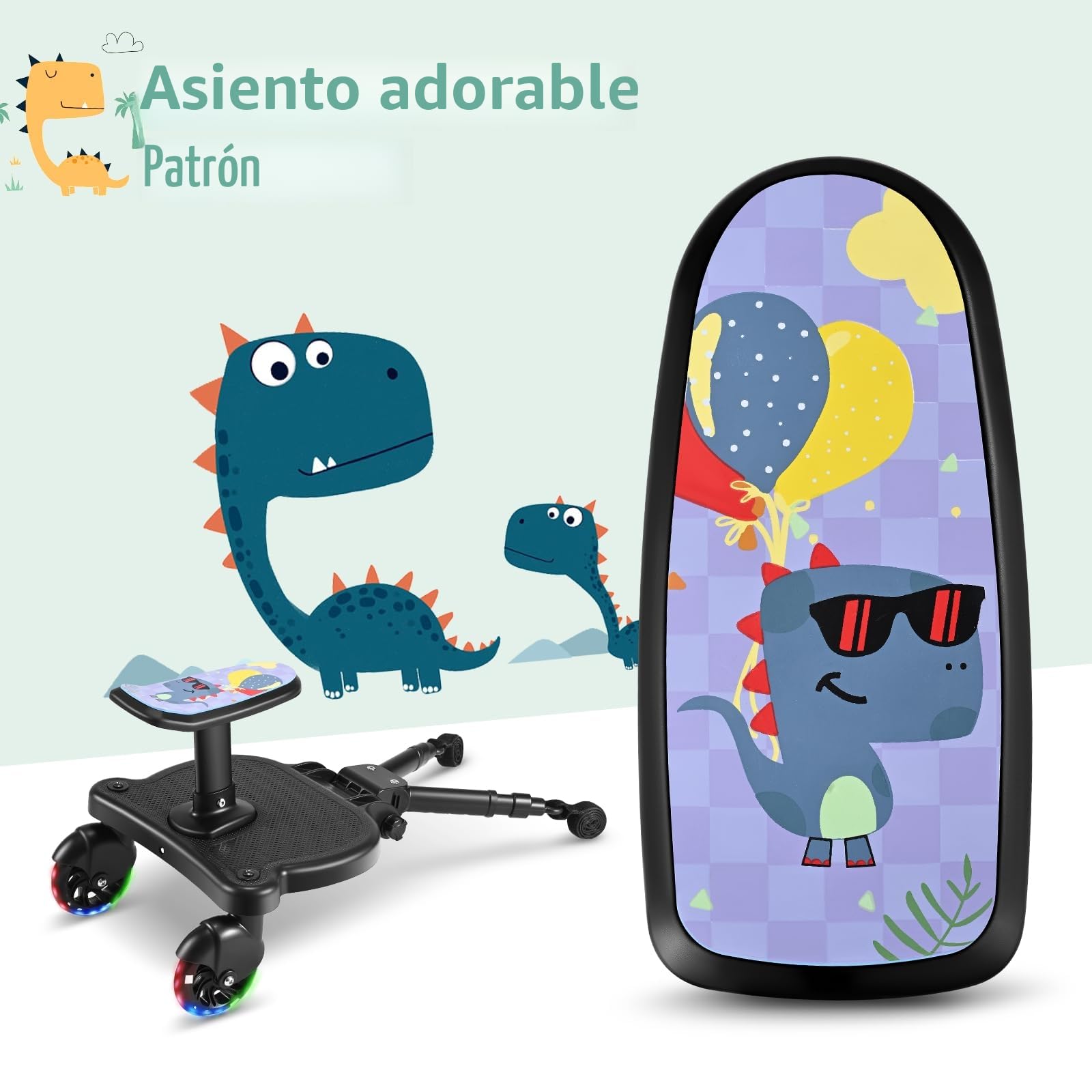 Patinete Carro Bebe Universal, Tabla para Cochecito con Asiento Estampado, Buggy Board con Ruedas Intermitentes, Compatible con Más del 99% de Los Cochecitos, Cargar 25KG
