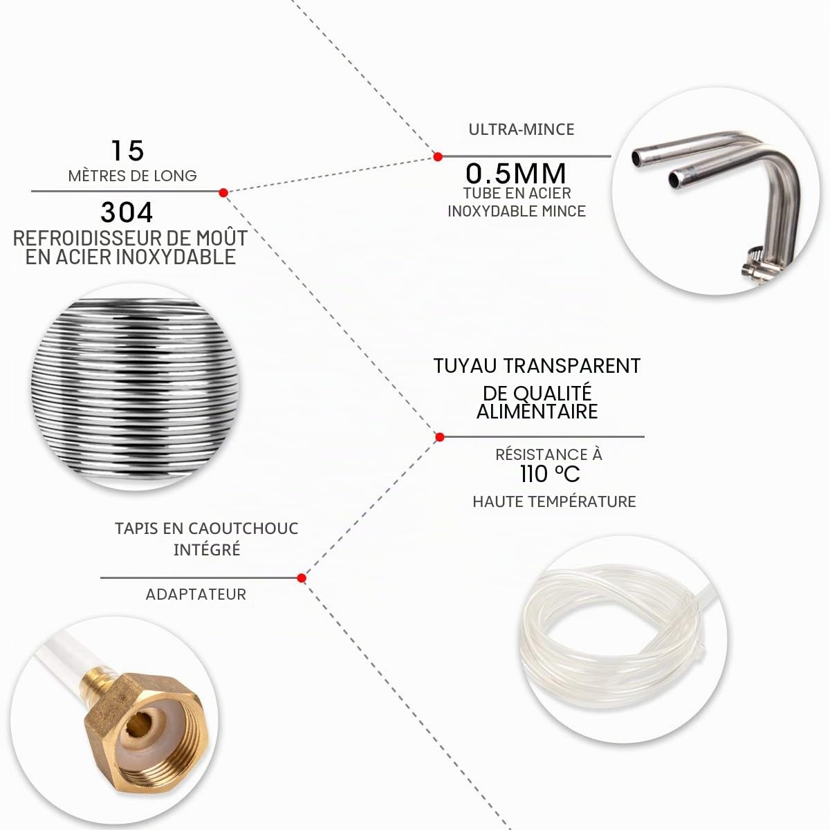BACOENG Refroidisseur de Moût en Inox 5/16" x 15m, Refroidisseur à Immersion avec 2 x 150 cm Tuyau, Spiral de Refroidissement Rapide pour le Brassage de Bière
