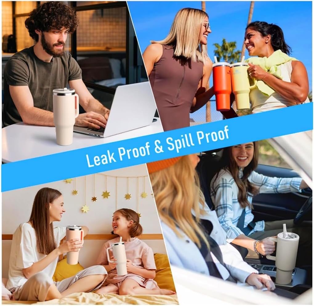 2 Pcs 40 oz Flip Straw Leak Proof Lid for Stanley Quencher Tumbler,Cream White replacement Lid for Stanley 40 oz cup top,Spill Proof Tumbler Covers with 2 Pcs Reusable Straws and 1 Pcs Cleaning Brush - Image 8