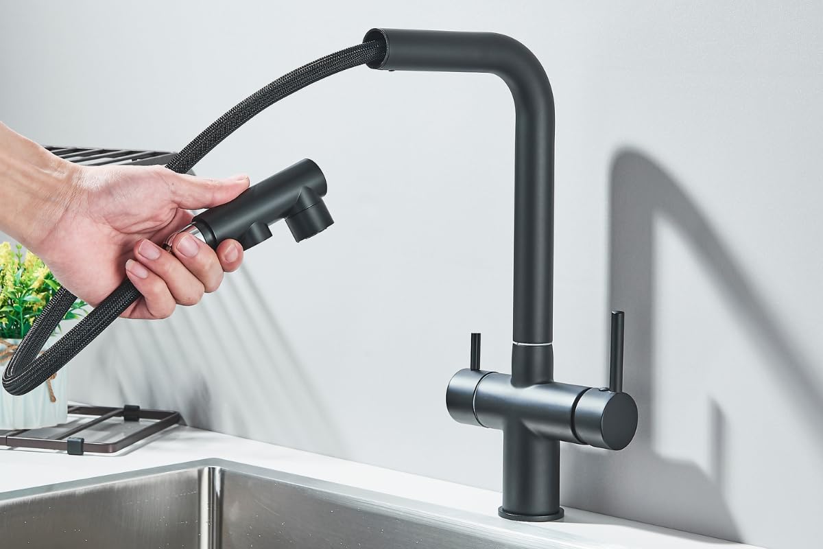 Rubinetto da cucina a 3 vie VENOM Pull-Out con doccetta estraibile, tubo separato per acqua potabile filtrata, beccuccio girevole a 360°, 2 tipi di getto, cartuccia in ceramica, corpo in ottone (nero)