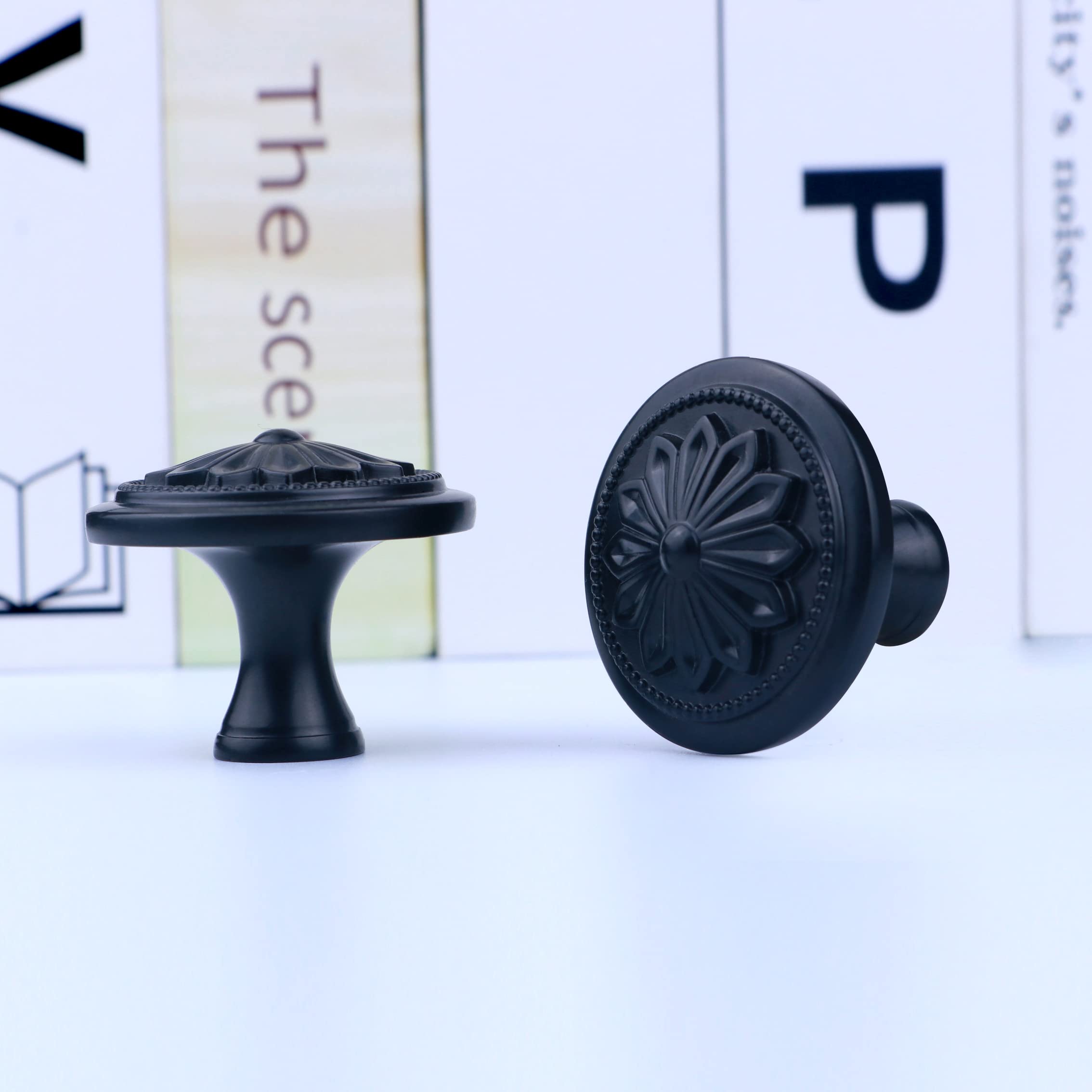 15 Pack - Matte Black knobs for Cabinets,1-2/5"(36mm) Dia Round Black Kitchen Cabinet Hardware Knobs,Black Matte Knobs for Cabinets and Drawers,Flower Black knobs for Dresser Drawers