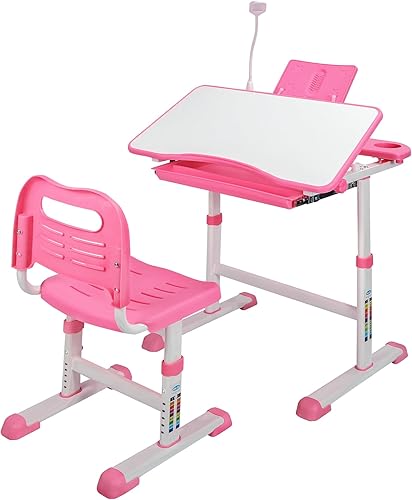 Miniatura 10 de Juego de escritorio y silla para niños, mesa de estudio de escuela en casa para niños de altura ajustable con cajón de almacenamiento, luz LED,