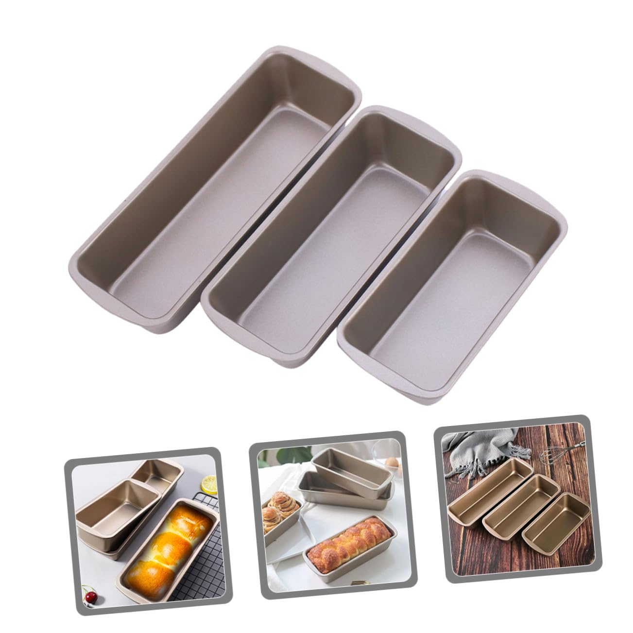 Molde Rectangular para Pan Antiadherente de Acero al Carbono, 3 Piezas | Color Marrón, Reutilizable y Pulido, Apto para Horneado Doméstico y Panadería Profesional