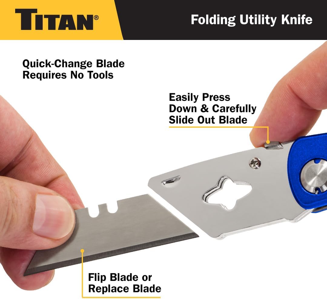 Hands demonstrating the quick-change blade mechanism of the Titan Tools utility knife.